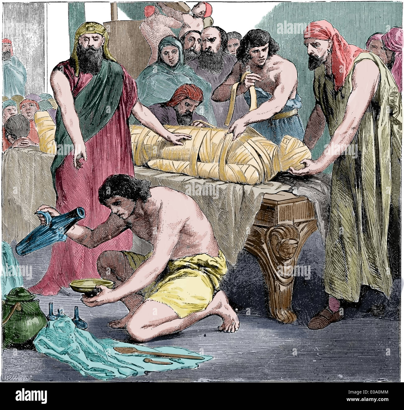 El antiguo Egipto. Embalsaming. Cyclopedia de la Historia Universal, 1885. Grabado. Posteriormente coloración. El Ritual. Foto de stock