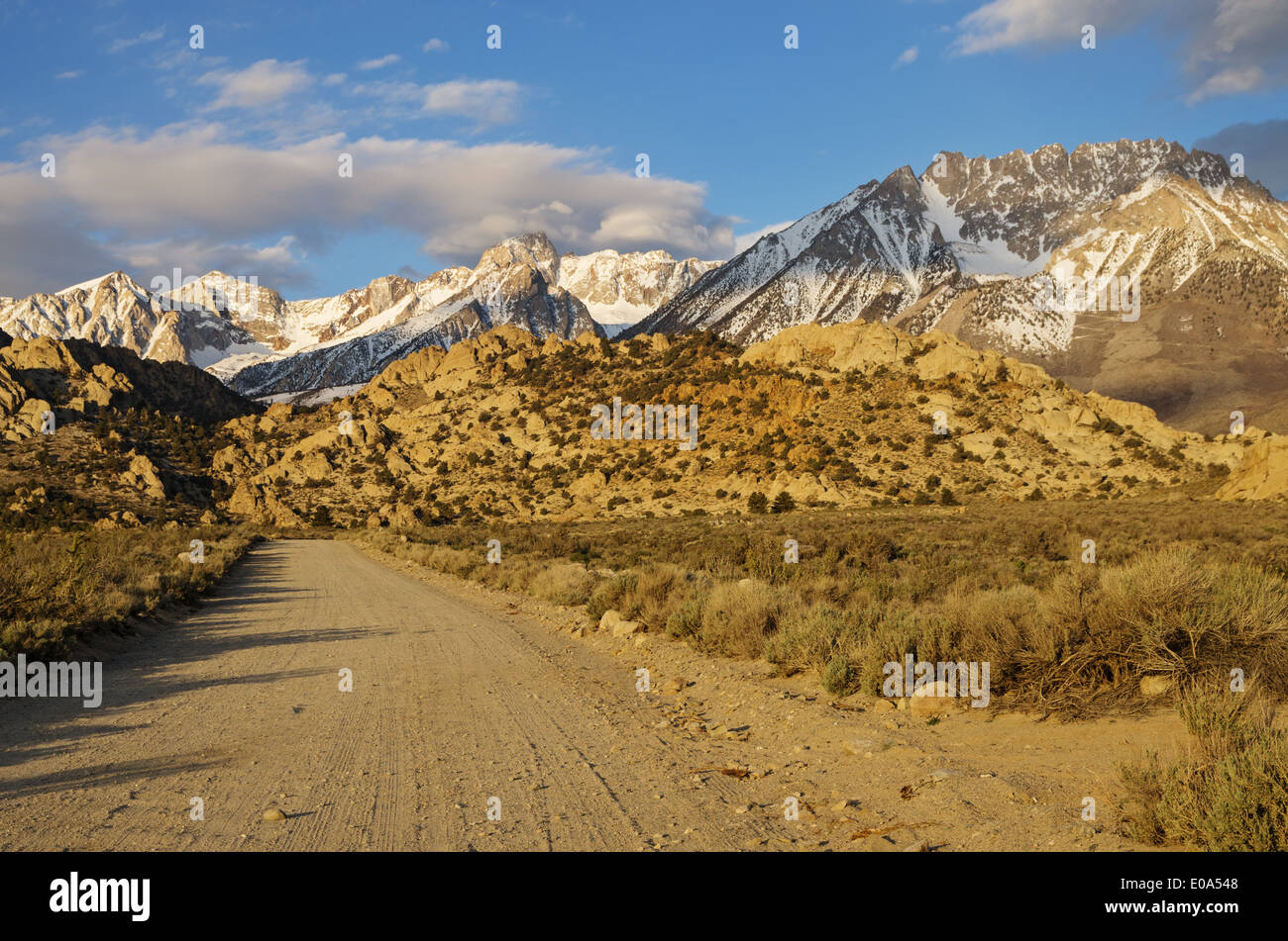 La mazada camino de tierra se dirige hacia las montañas de la zona oriental de Sierra Nevada en California temprano en la mañana Foto de stock