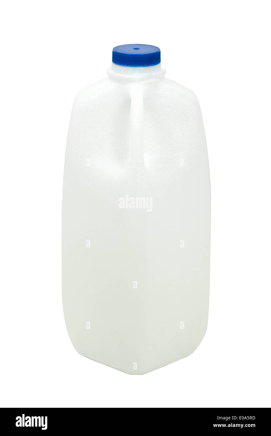 Vacío limpio y claro galones contenedor de líquido aislado en blanco Foto de stock