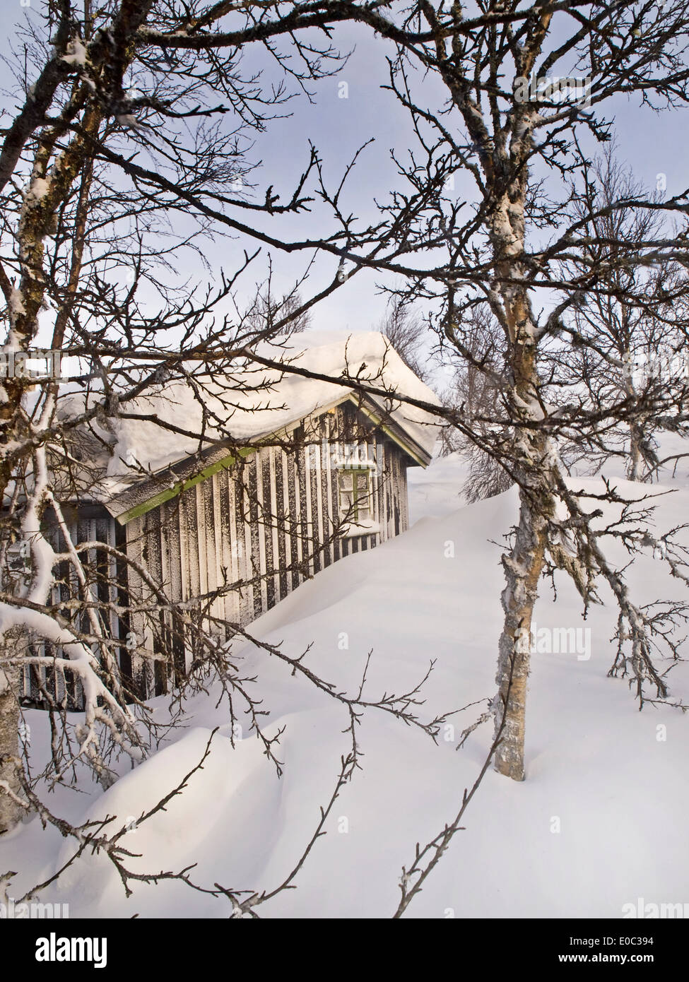 Cabaña en el bosque de invierno, Noruega Foto de stock