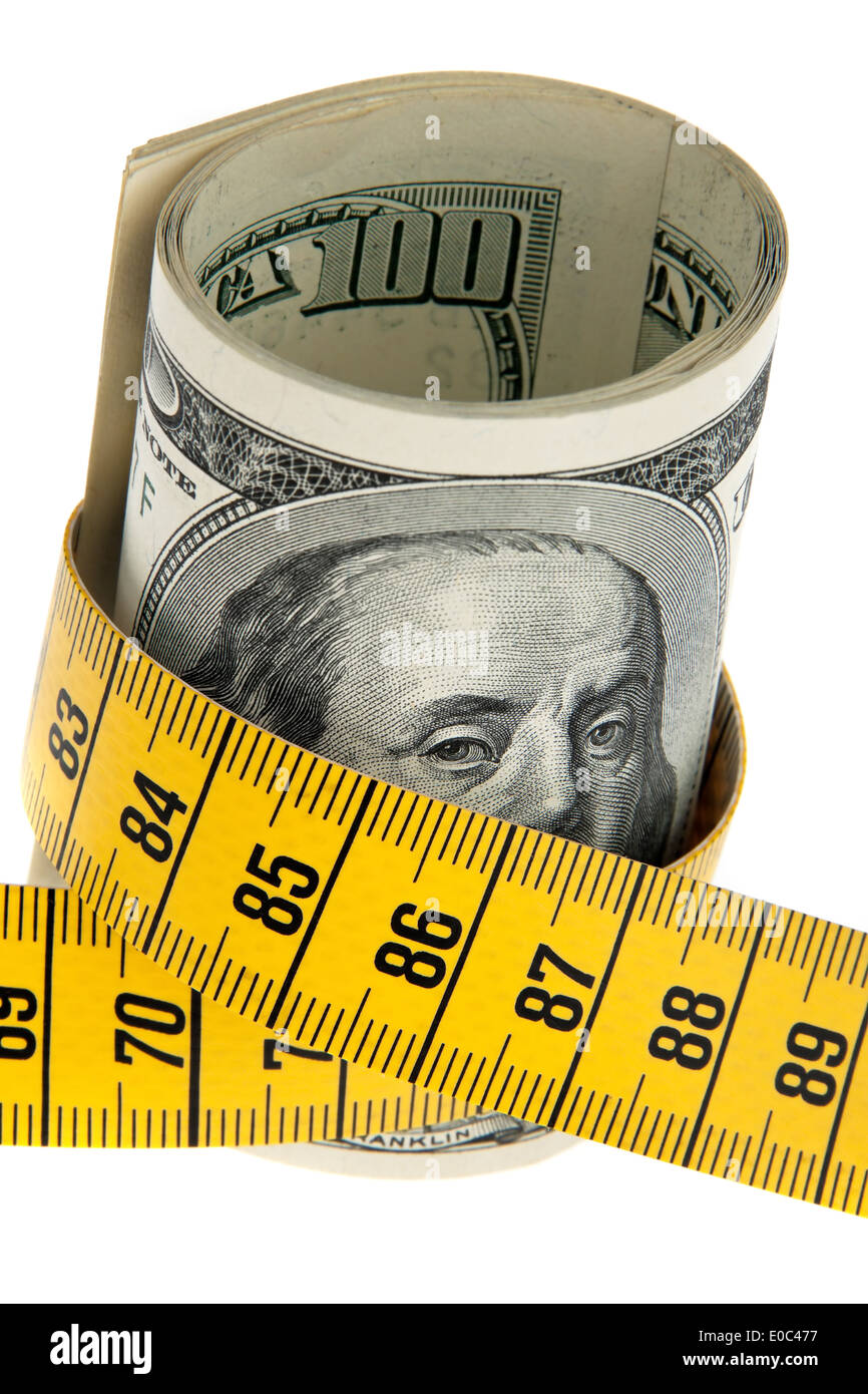 Una imagen simbólica del paquete de ahorro con dólar del Banco nota y cintas de dimensión Foto de stock