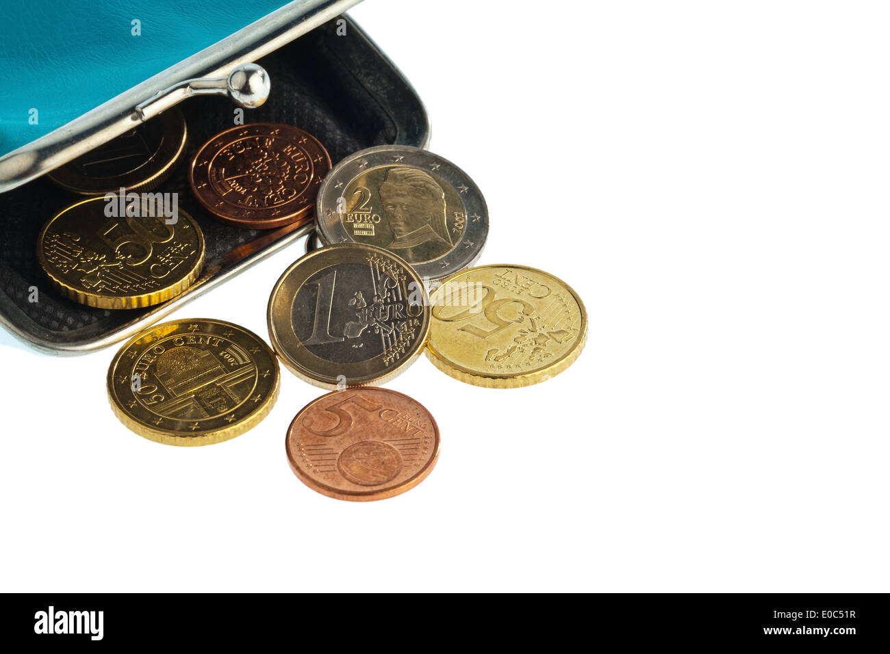 Eurocoins monedas moneda de cambio moneda moneda Euro circulada dinero ciento eurocent monetaria vacía moneda euro dinero monedero deudas en blanco menos pe Foto de stock