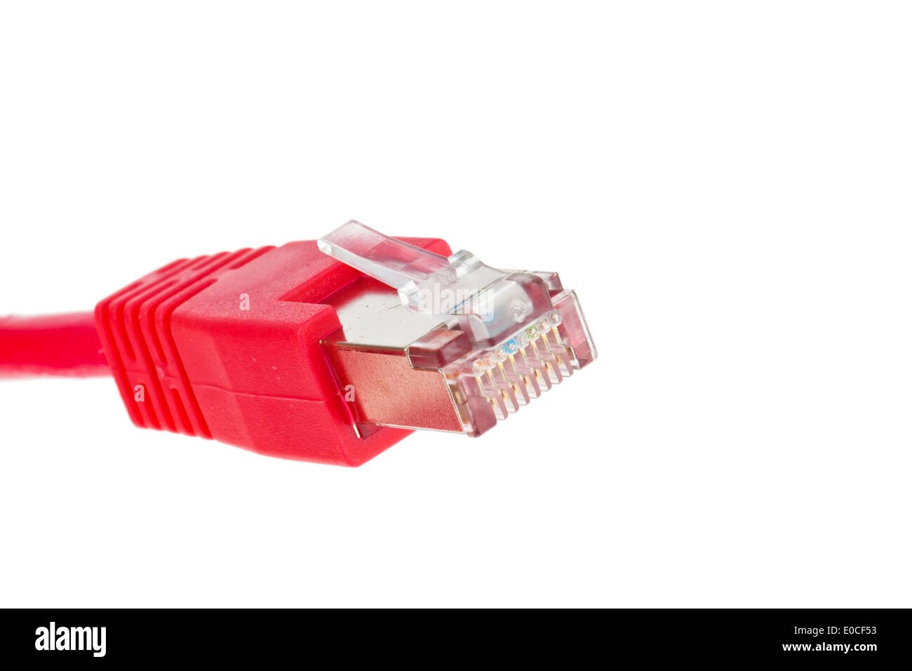El cable rojo de una red de un ordenador. , Das rote Kabel eines Netzwerkes von einem equipo. Foto de stock