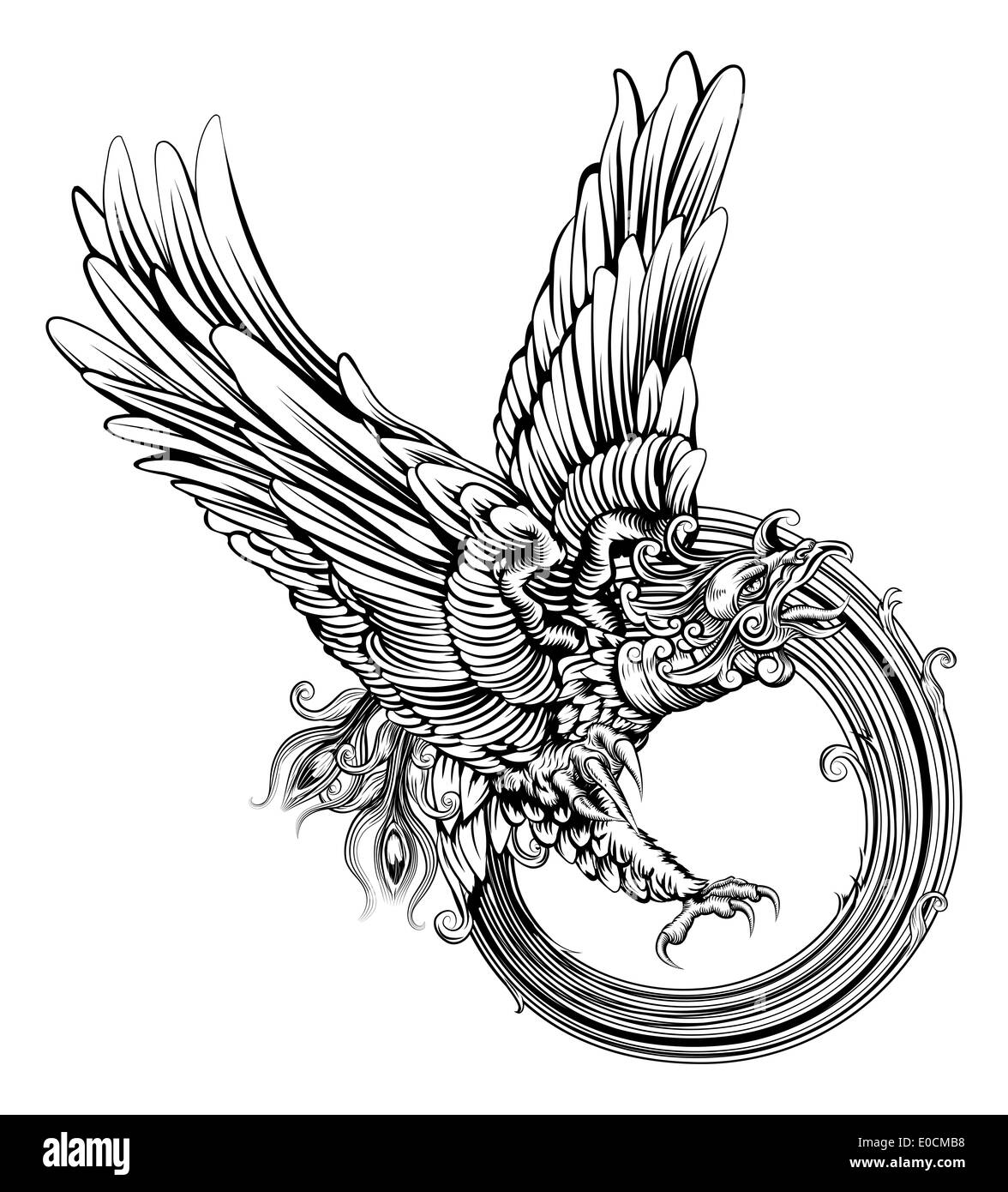 Una ilustración original de la legendaria ave fénix o un águila en un dinámico estilo de xilografía Foto de stock