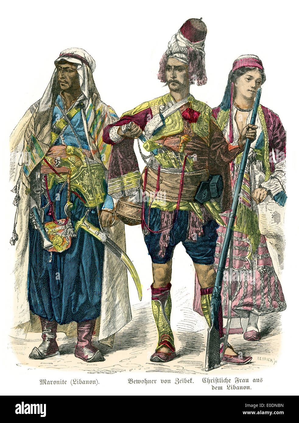 Trajes tradicionales de Oriente Medio, del siglo XIX. Del Líbano maronita, habitante de Zeibek y mujer cristiana del Líbano. Foto de stock