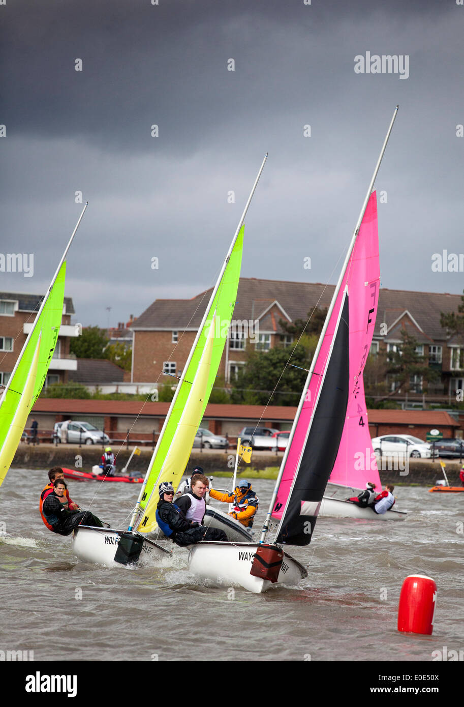 West Kirby, Liverpool. 10 de mayo de 2014. Campeonato Abierto británico Team Racing Trophy 2014. Premier League vela el Trofeo 'Wilson' 200 marineros de clase olímpica competir anualmente en Kirby's marine anfiteatro en uno de los favoritos del mundo eventos donde cientos de espectadores siguen 300 cortos, Sharp frenética carreras en tres equipos compitiendo en un barco marina lago del tamaño de un campo de fútbol para ganar el codiciado título: "Wilson Trofeo campeón." crédito: Cernan Elias/Alamy Live News Foto de stock