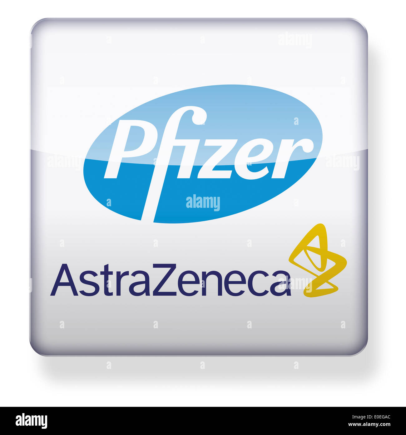 Pfizer y AstraZeneca logos como el icono de una aplicación. Trazado de recorte incluido. Foto de stock