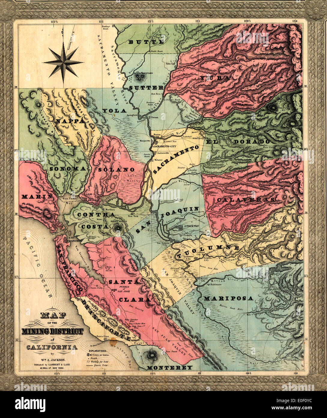 Mapa del distrito minero de California. 1851 Foto de stock