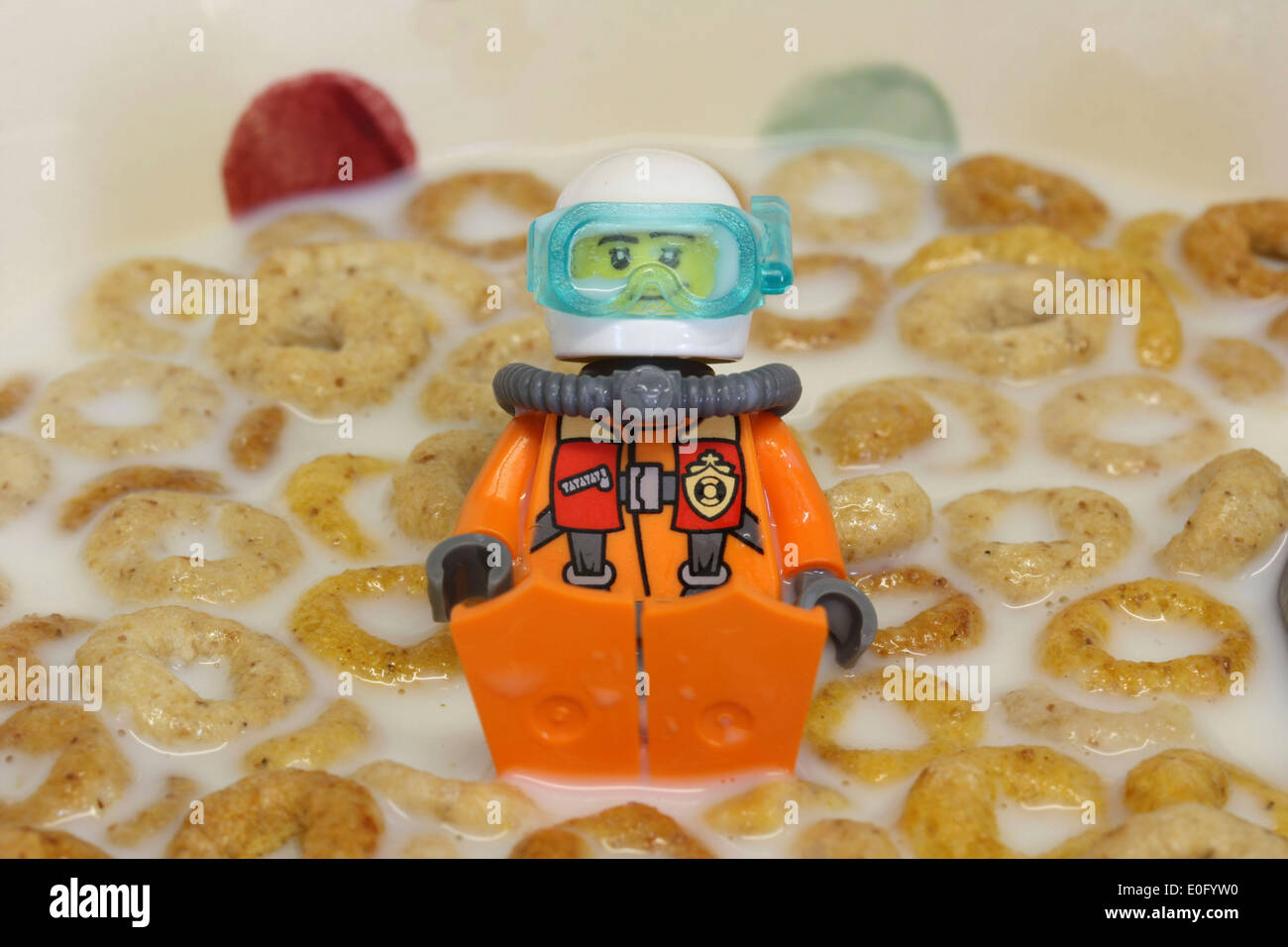 Un hombre Lego diver aflora en un tazón de cereales para el desayuno. Foto de stock
