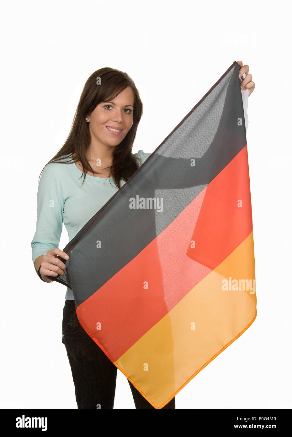 Mujer con bandera Alemana, Frau mit deutscher Fahne Foto de stock