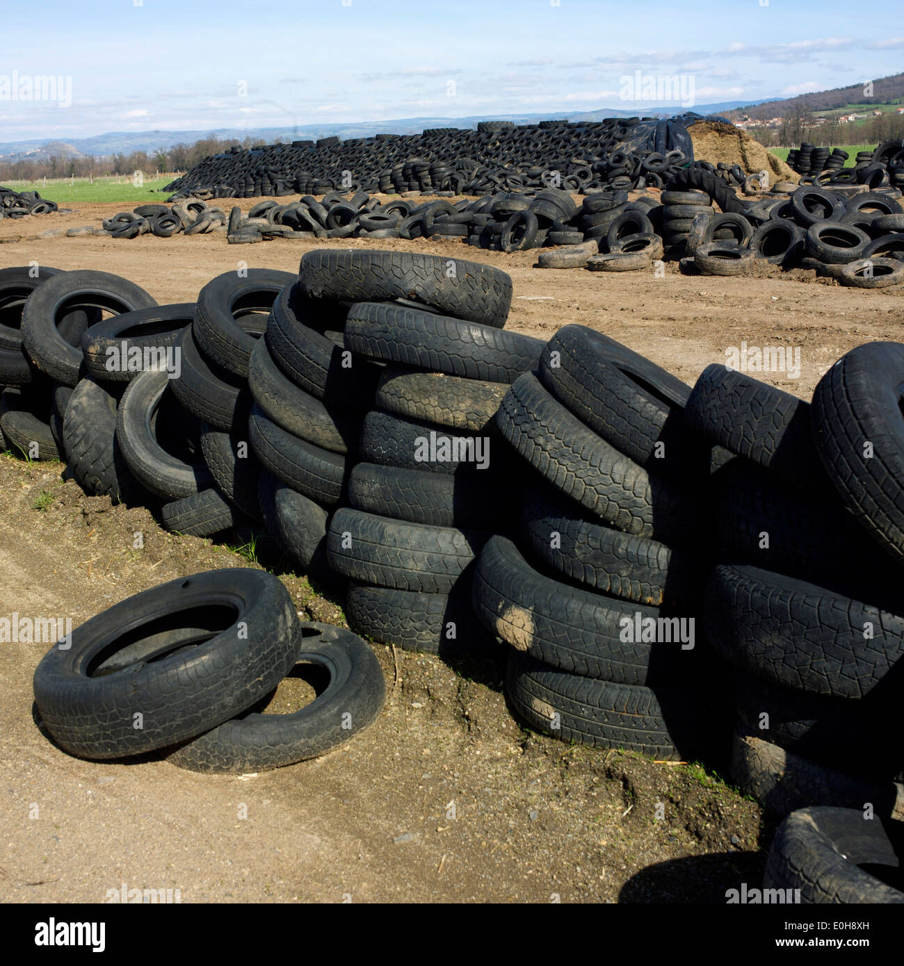 Neumáticos viejos tirados en medio de la naturaleza Foto de stock