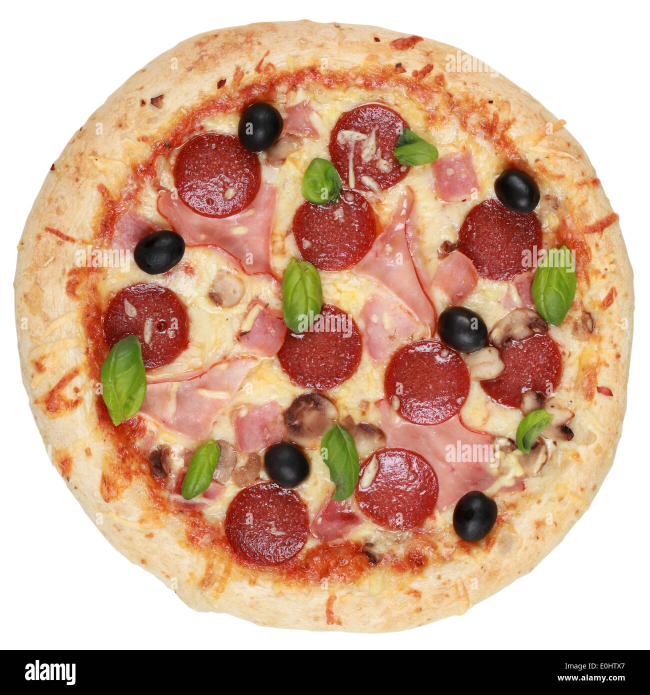 Deluxe con jamón, pizza de pepperoni, champiñones y aceitunas, aislado