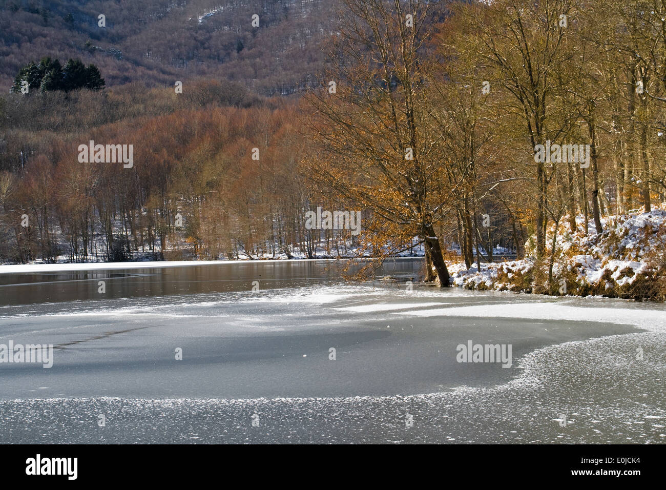 Lago de escarcha en Cataluña durante la ola de frío en Europa a principios de 2012. Foto de stock