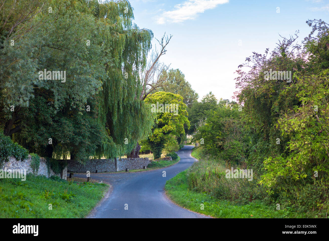 Tranquilo, desiertas serpenteantes lane de Swinbrook en Cotswolds, Oxfordshire, REINO UNIDO Foto de stock