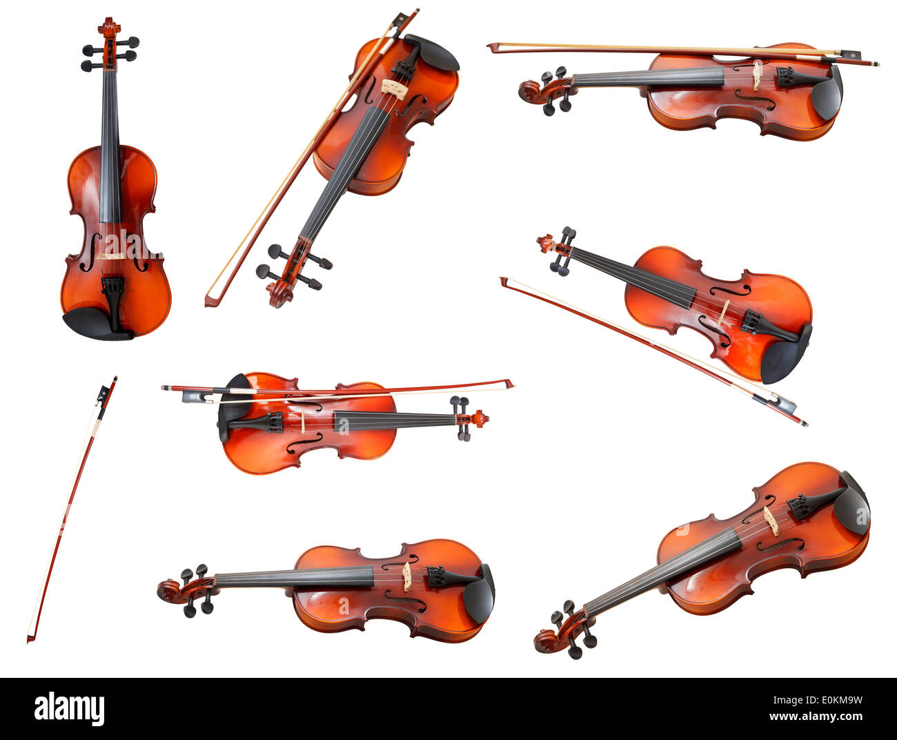 Conjunto de clásicos modernos de violines y arcos francés aislado sobre blanco Fotografía de stock -