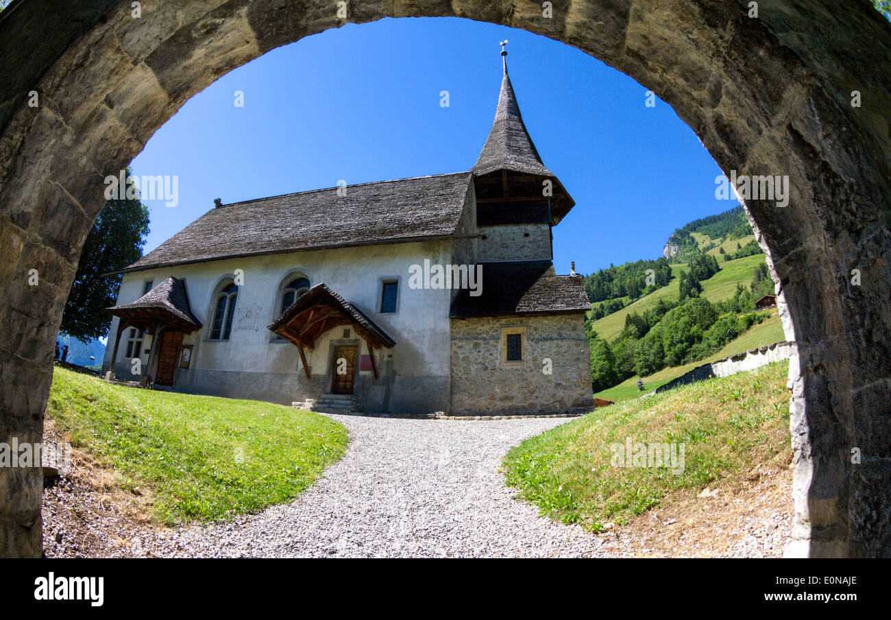 Iglesia, Rossinière Pays-d'Enhaut, Suiza Foto de stock