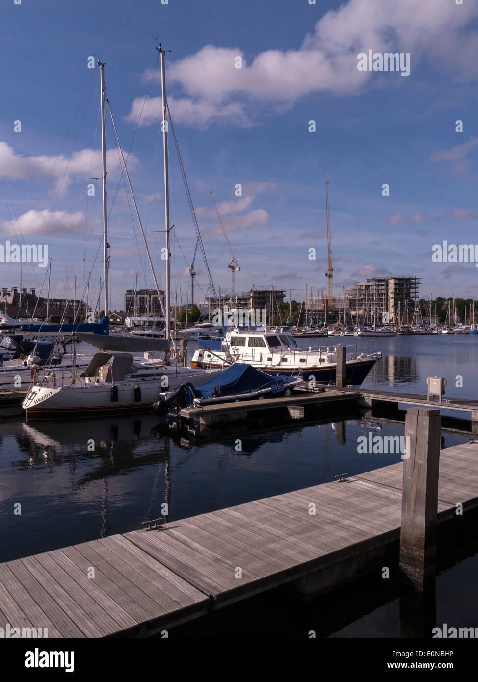 Neptuno marina con extensas obras de construcción y grúas en la distancia durante el dockside reurbanización/regeneración, Ipswich Foto de stock