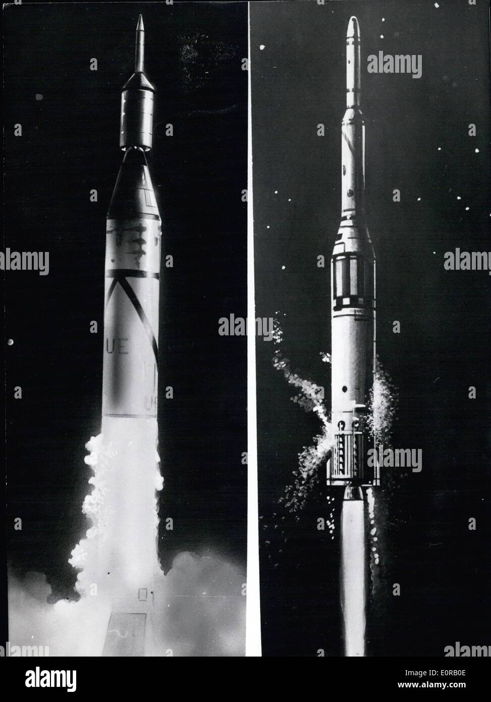 Octubre 10, 1958 - Wernher von Braun de nuevo Rocket: En un futuro muy próximo, quizás entre el 6 y el 10 de noviembre también Wernher von Braun y su equipo de investigación del ejército de los EE.UU., iniciará su varios pasos cohete a la luna. Wernher von Braun obtuvo la afirmación del Departamento de Defensa estadounidense para iniciar todavía dos cohetes Luna este año. La fuerza aérea de los EE.UU. tenían el permiso para que comience, dos de los cuales ya han ocurrido. Falló el primer arranque, después del primer paso, explotó. El segundo arranque ha sido un éxito completo, sin embargo el comienzo la velocidad no era lo suficientemente alta como para llegar a la luna Foto de stock