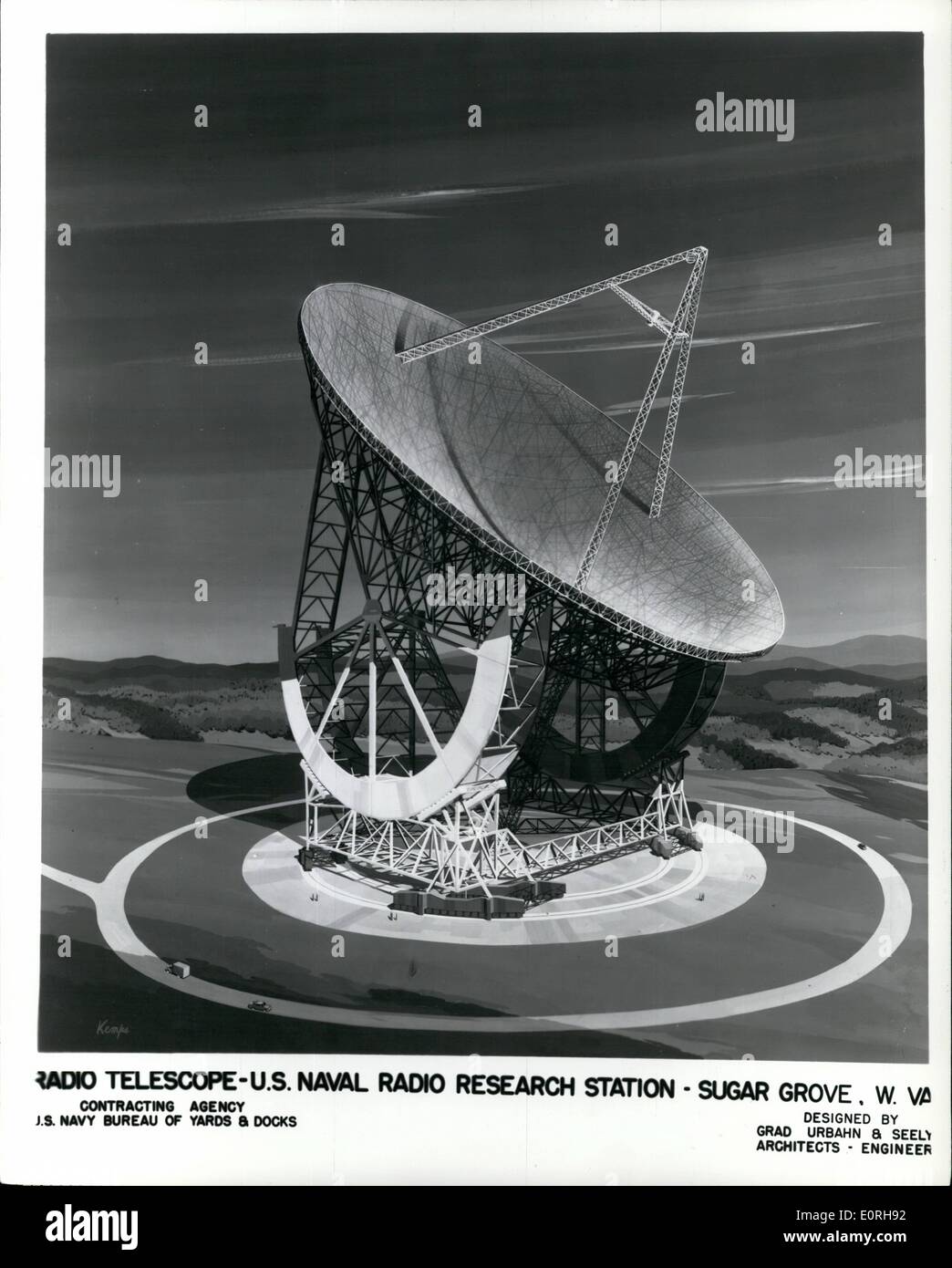 Septiembre 09, 1959 - - Radio - telescopio gigante está construido para la Marina de EE.UU.: el Radio Telescopio más grande del mundo está en construcción para la Marina de los EE.UU. cerca de Sugar Grove, West Virginia. Después de finalización programada para 1962, 20.000 toneladas de planta, conocida oficialmente como Radio Naval Research Station, dará a los Estados Unidos el más potente del mundo ''Oído en el universo''. Foto de stock