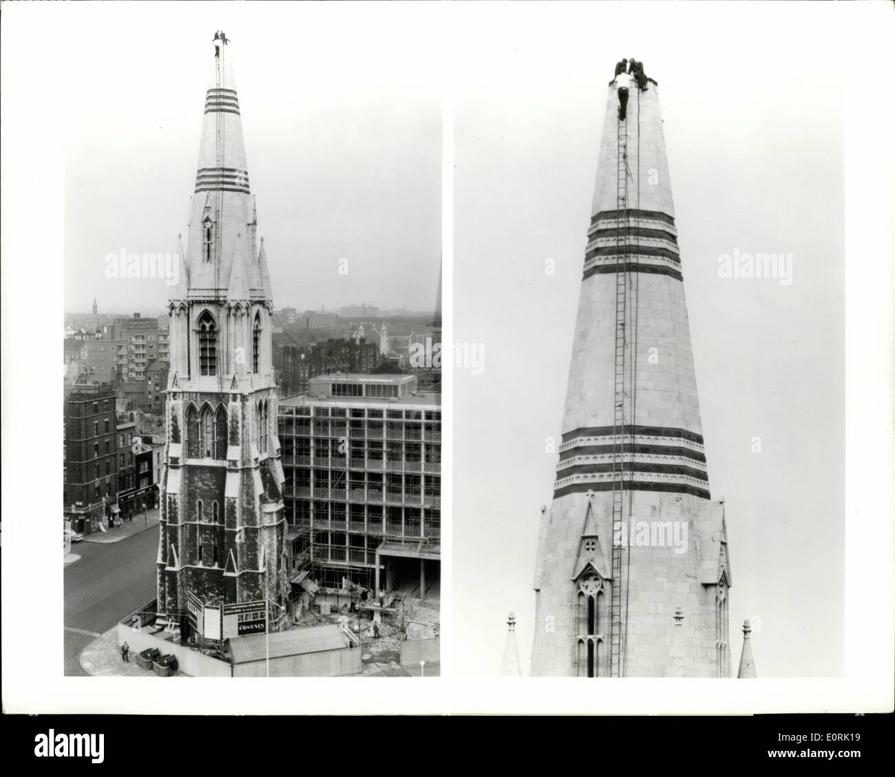 Octubre 10, 1959 - Londres es bombardeado ''Stars and Stripes'' está siendo reconstruida iglesia: la cruz y la ''Stars and Stripes'' iglesia están siendo restauradas a un hito de Londres que sufrió en 1940 un blitz. Oficialmente, la Iglesia de Cristo de Lambeth, la iglesia recibió su nombre americano y popular por sus estrellas y rayas decoradas Lincoln Torre (nombrado por el Presidente de los Estados Unidos de América). Inaugurado el 4 de julio de 1876, el centenario de la independencia americana, la iglesia recibió algunas &pound;20.000 hacia su construcción por amigos americanos de la Rev Foto de stock