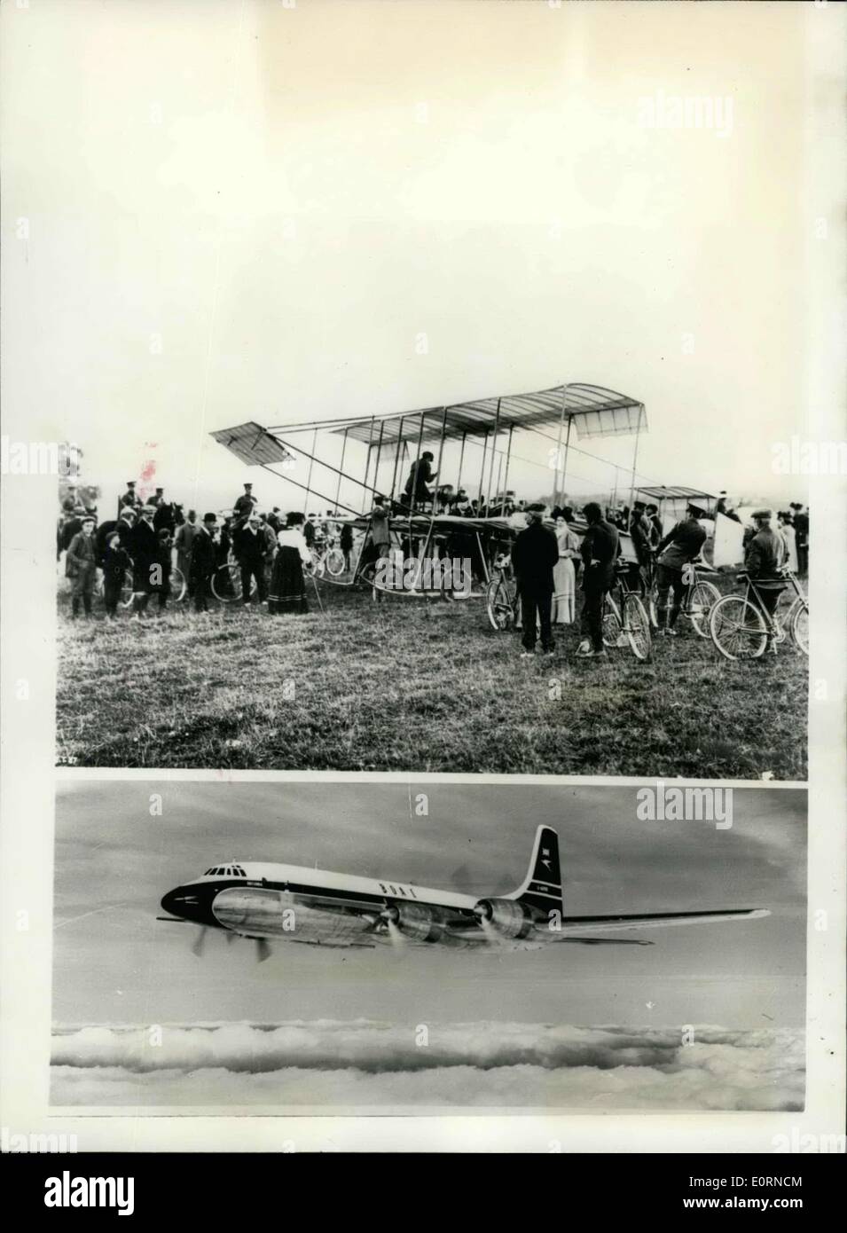 25 ene, 1960 - Antiguo y moderno... Cincuenta años de la aviación... El 'Boxkite' - y el Bristol Britannia... El famoso Bristol Airplane Company celebra su 50º aniversario el 19 de febrero de 1960. La compañía produjo su primer avión en 1910 - poco más de seis años después de que los hermanos Wright había alcanzado su época haciendo vuelo en Kittyhawk. El primer avión del biplano Bristol Boxkite estaba en producción unos meses después de la formación Foto de stock