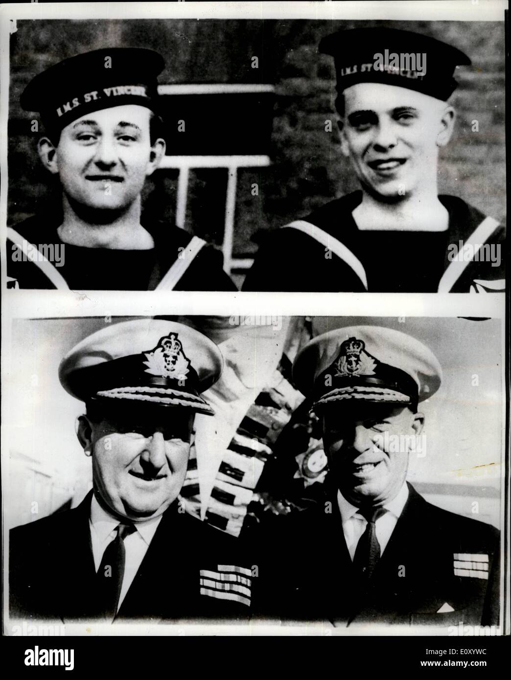 Febrero 02, 1968 - se unieron como aviadores navales de SEGUNDA CLASE Y VOLVER COMO ALMIRANTES TRASERO. Los aviadores navales clase adscrito Empson y Roberts, se unió a la flota del brazo de aire en el mismo día en abril de 1940, en el H.M.S. Vicente, el establecimiento de formación Gosport. Ayer, hicieron un nostalgico retorno allí - pero ahora son Contralmirante Derek Empson, bandera oficial portaaviones, y Contralmirante S.K. Roberts, D.S.O., bandera oficial naval Flying Training. Muestra fotográfica:- (imagen superior), 1940: Gosbort aviadores navales Segunda Clase Roberts (izquierda) y Empson, (imagen inferior): Gosport 1968 Foto de stock