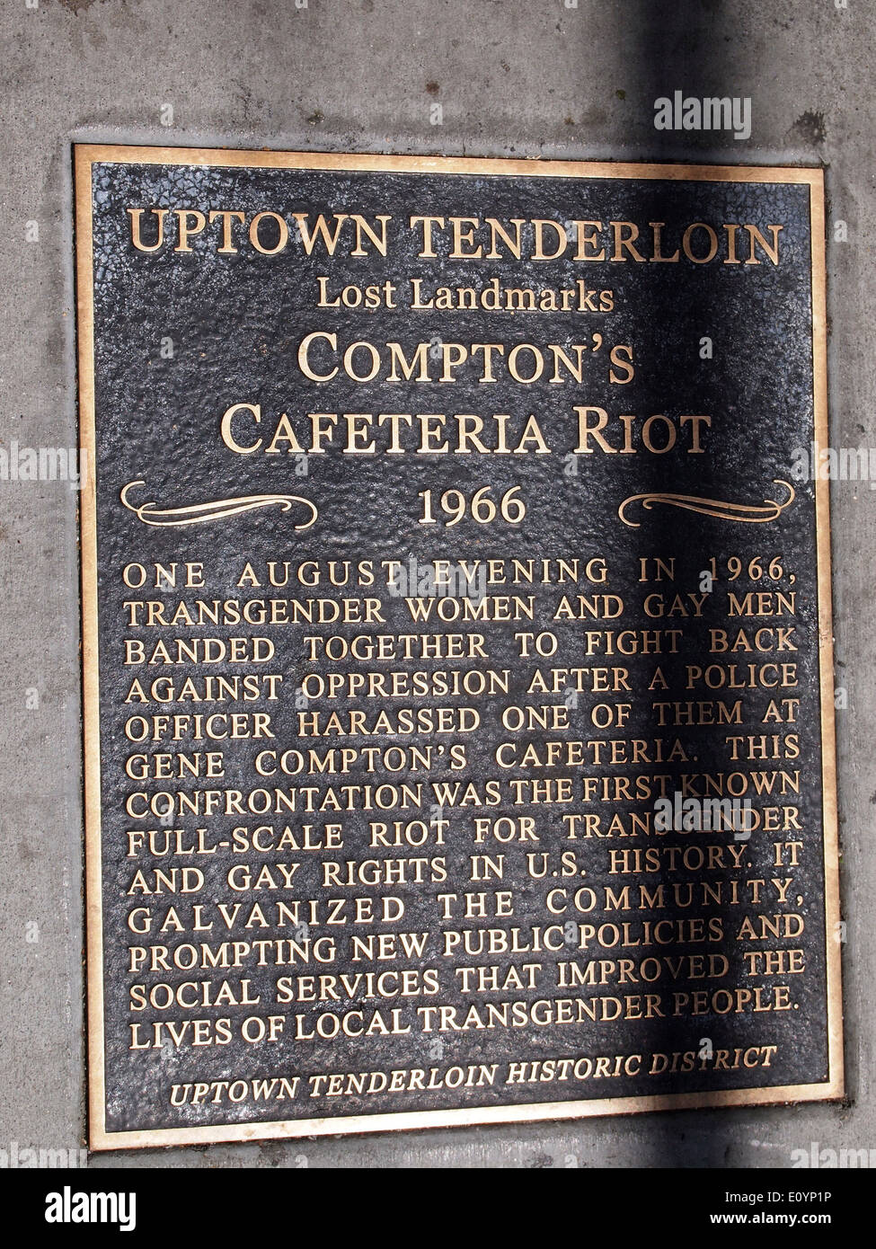 Compton's Cafeteria transgender motín 1966 acera de placa de metal Foto de stock