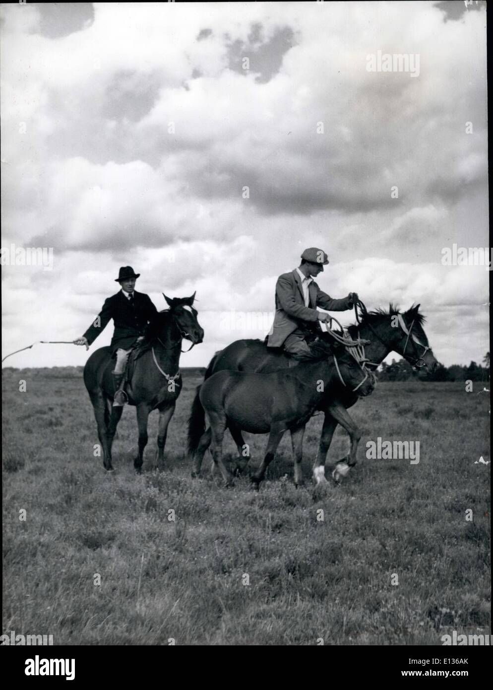 Febrero 28, 2012 - Tiempo de redondeo en el Nuevo Bosque: Reg Bennett ha capturado su pony y lo conduce hacia Fritham Pound, antes de llevarlo a la venta en Baaulieu. Detrás de él, dispuestos a ayudar, es verde-revestido, Ray Stickland Agister'. Foto de stock