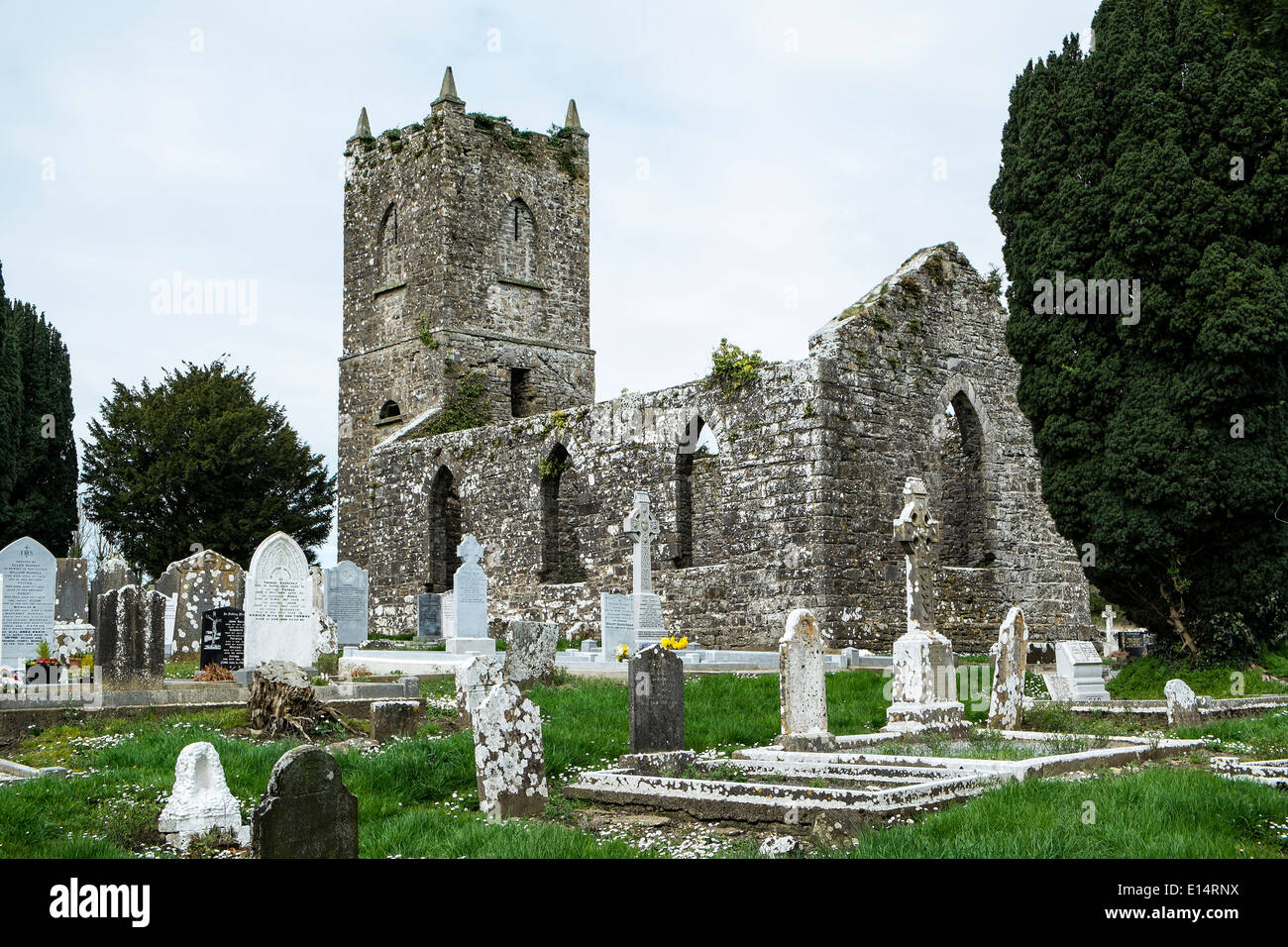 La vieja iglesia en ruinas en el cementerio de Garristown, condado de Dublín, Irlanda Foto de stock