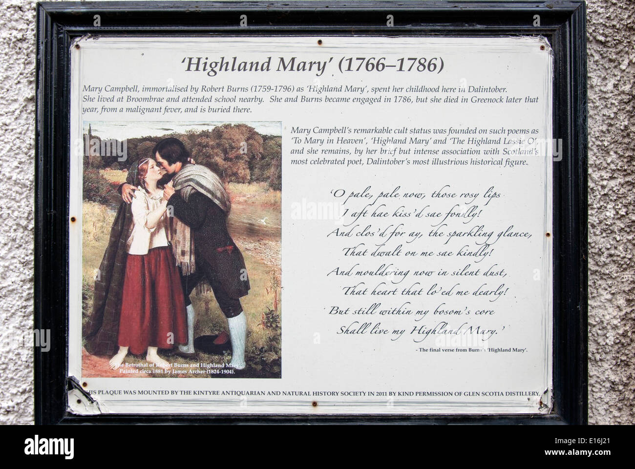 Placa conmemorativa a Highland Mary Campbell y Robert Burns Foto de stock