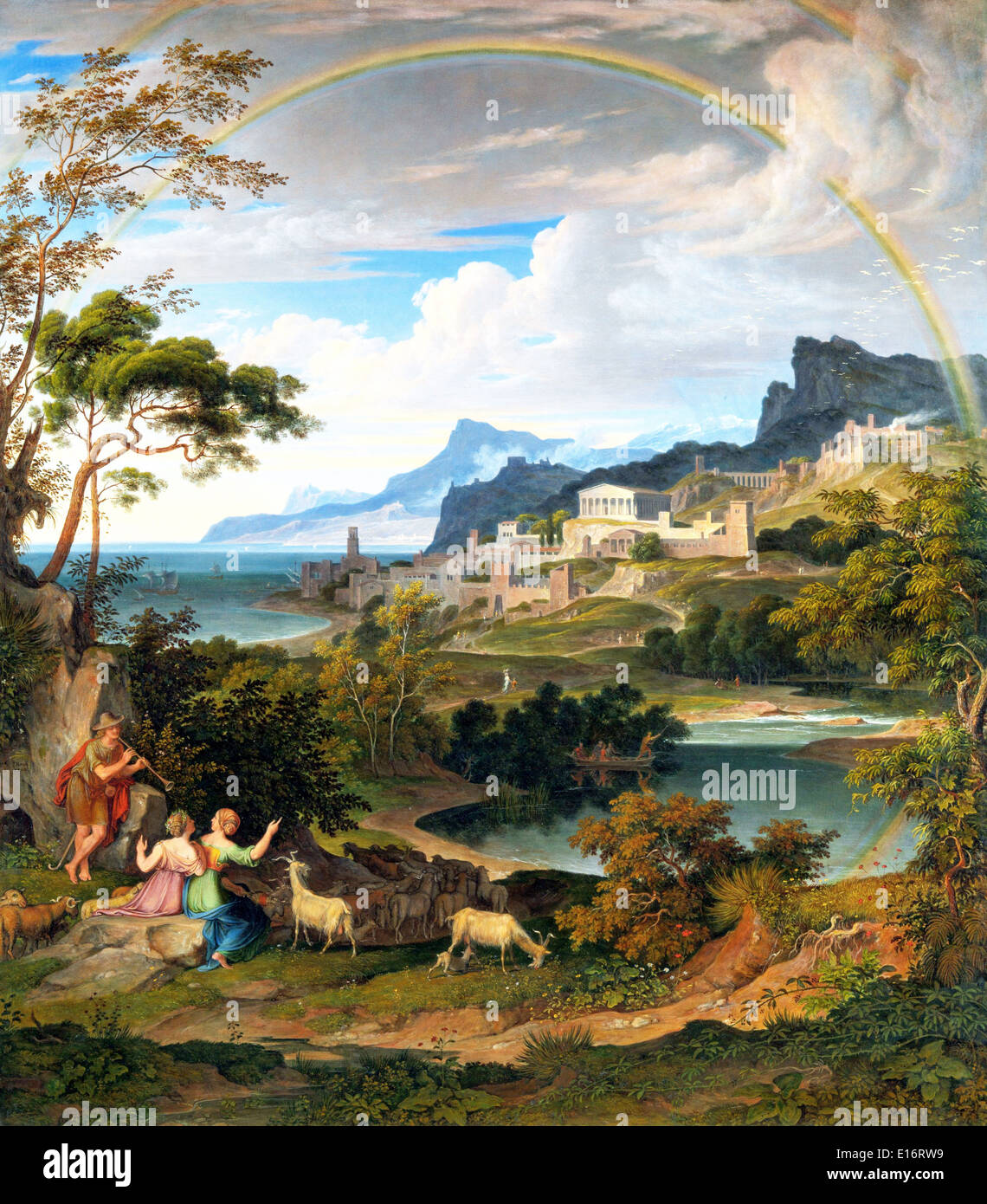 Paisaje heroico con arco iris por Joseph Anton Koch, 1834 Foto de stock