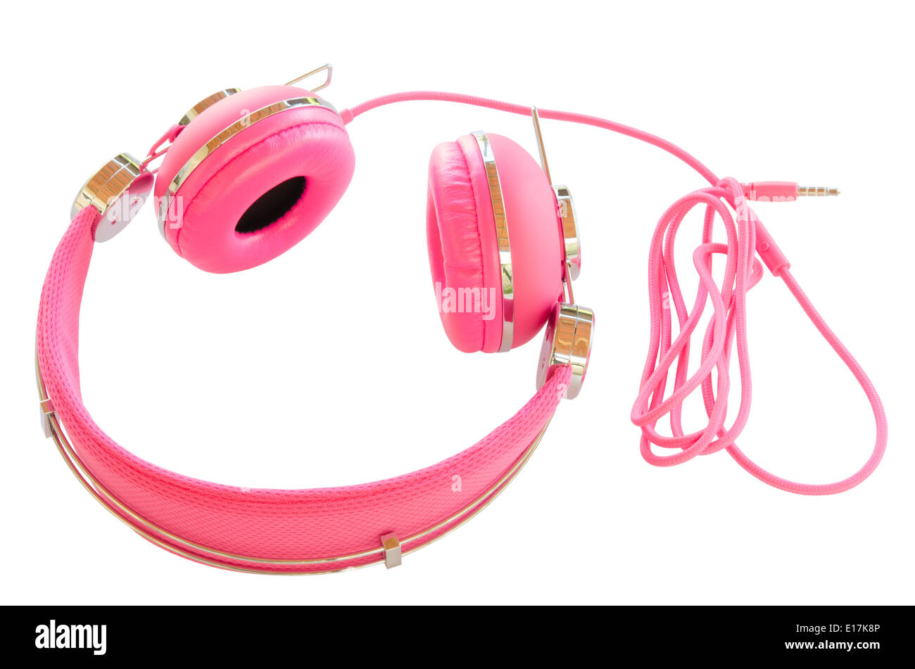 Rosa intensos coloridos auriculares con cable aislado en blanco Foto de stock