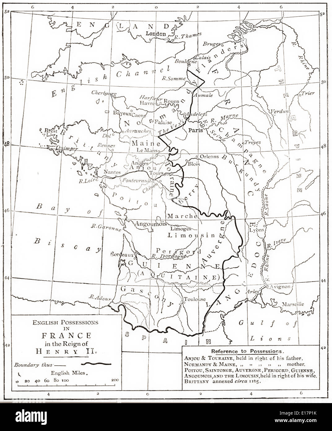 Mapa mostrando English posesiones en Francia durante el reinado de Enrique II, 1189. Foto de stock