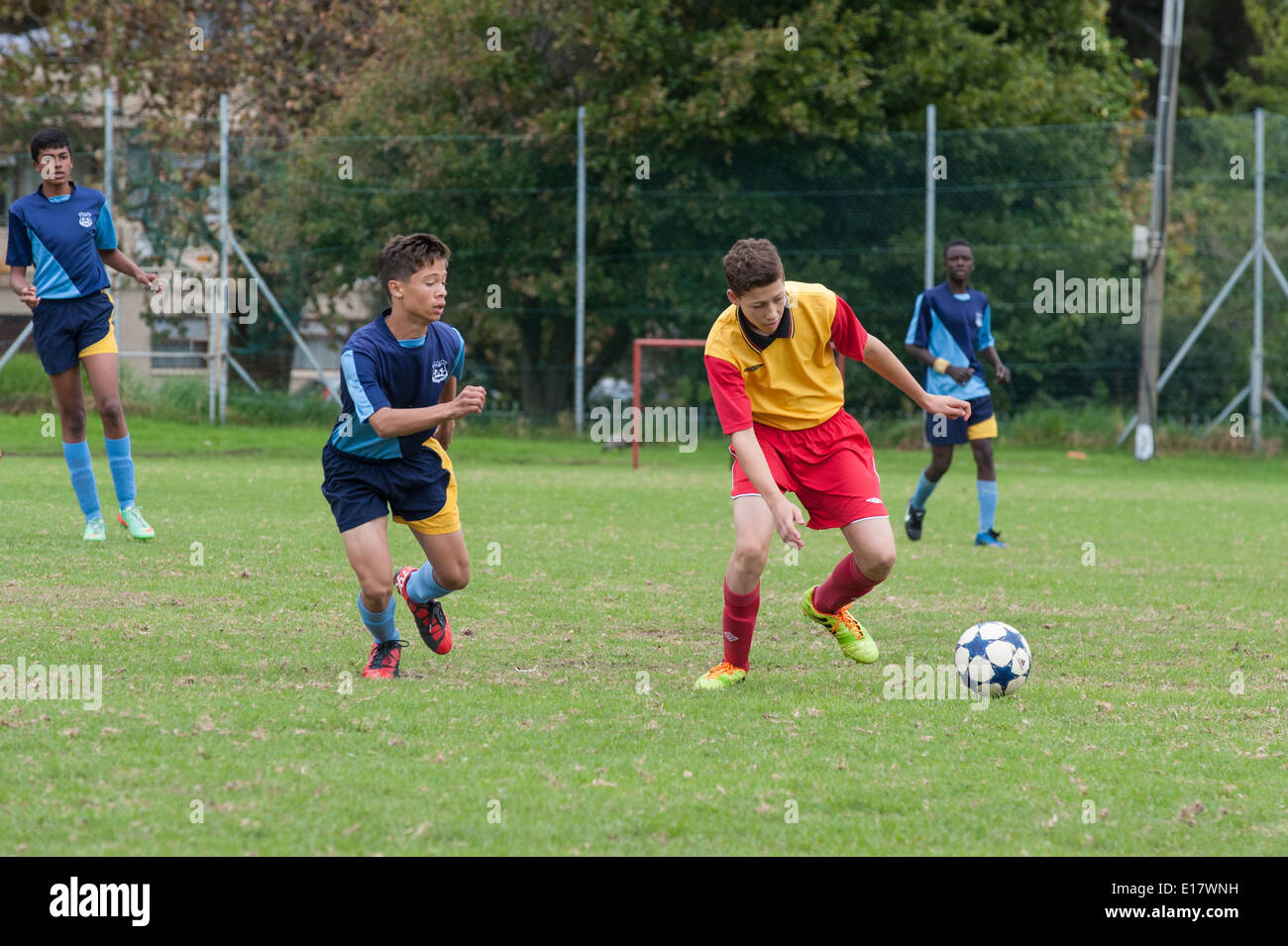 Jugadores de fútbol Junior atacar y defender la pelota, Cape Town, Sudáfrica Foto de stock