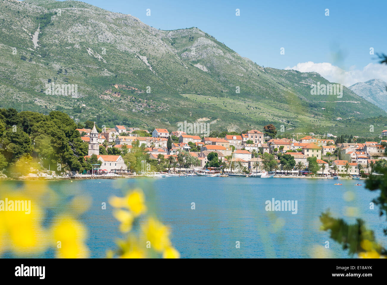 El Waterfront, Cavtat, con barcos amarrados, Croacia, Europa Foto de stock