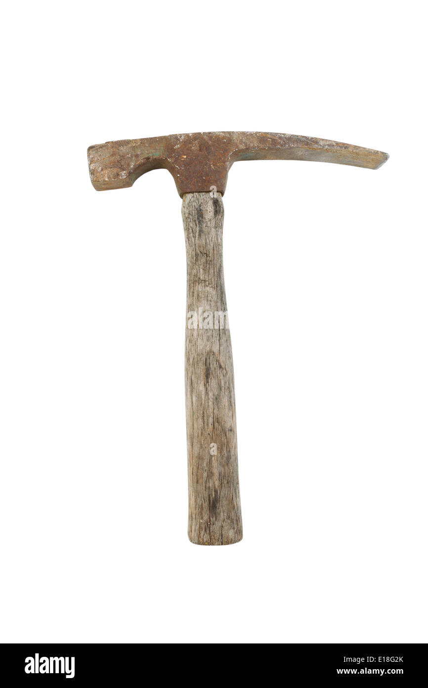 Foto vertical de un martillo de piedra antiguo aislado en blanco Foto de stock