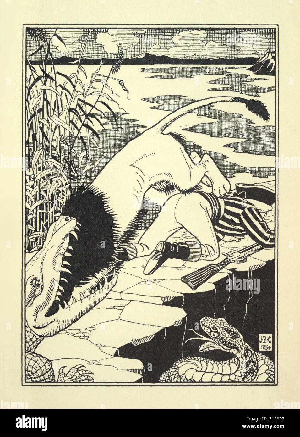 J. B. Clark ilustración de 'las sorprendentes aventuras del barón de Munchausen" por Rudoph Raspe publicada en 1895. Lion & Croc Foto de stock