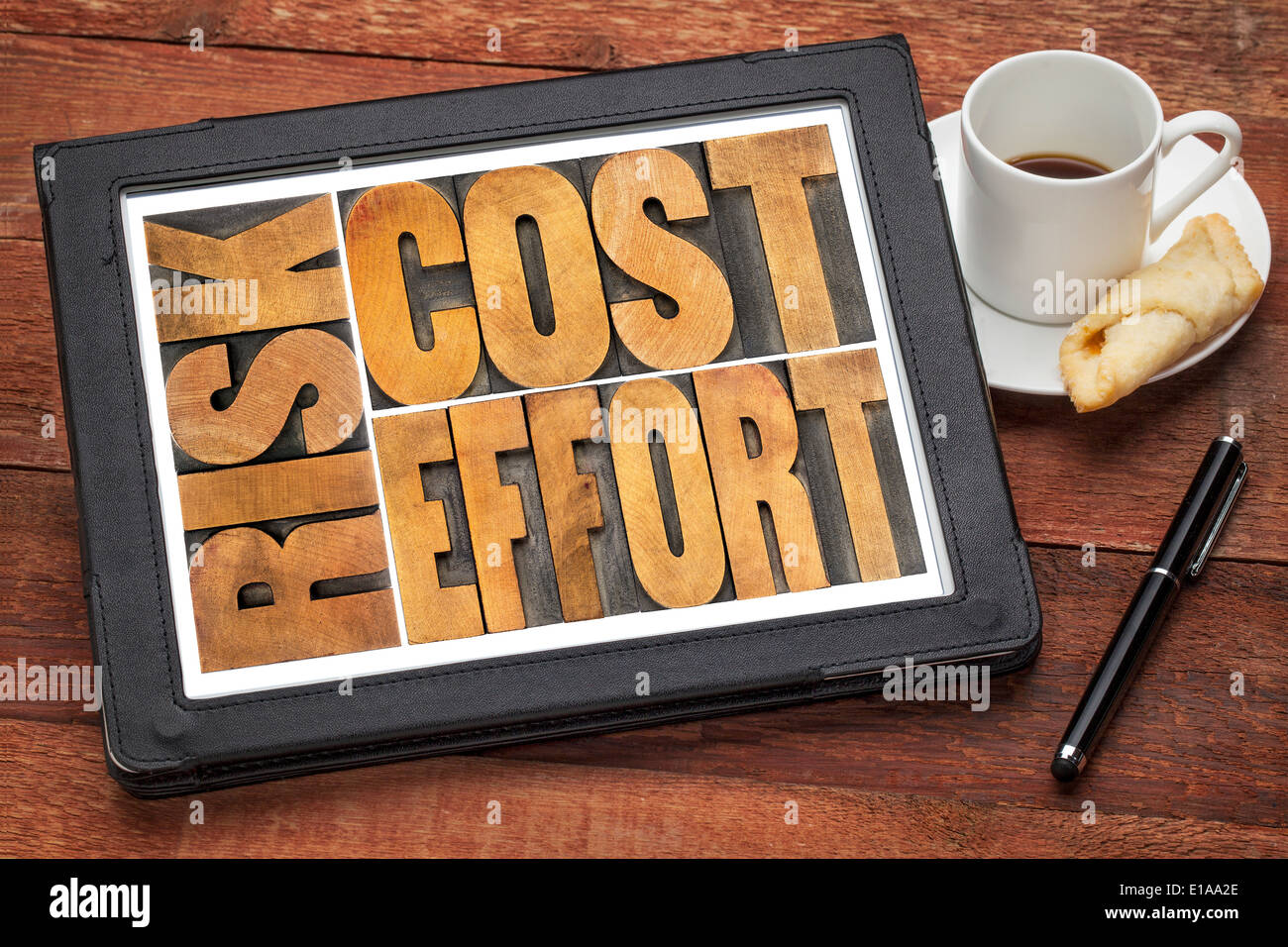 Costes, esfuerzo, riesgo - Concepto de negocio - una palabra abstracta en madera vintage tipografía bloques en una tableta digital Foto de stock