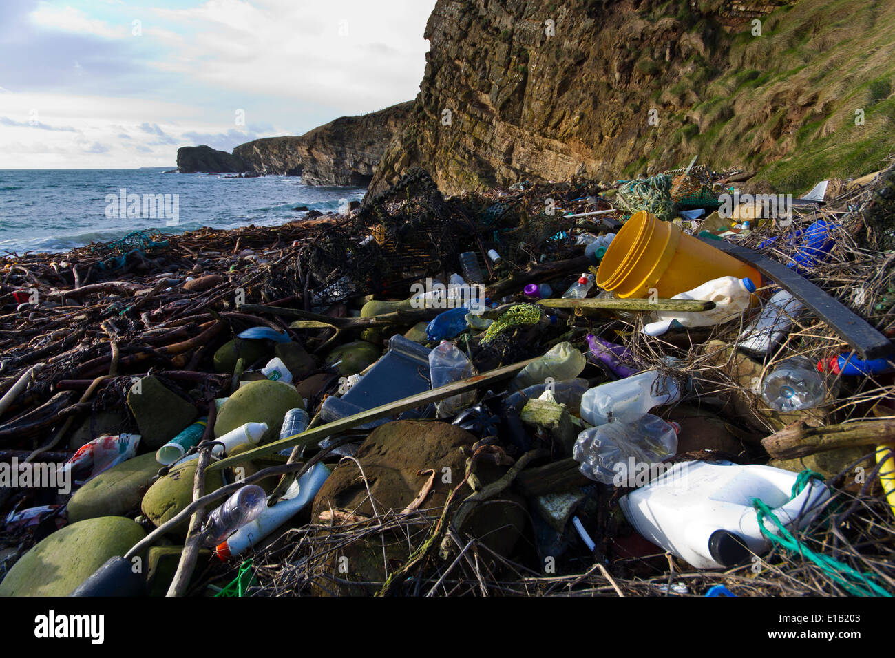 Contaminación plástica costeras a lo largo de Scapa Flow, Islas Orcadas Foto de stock