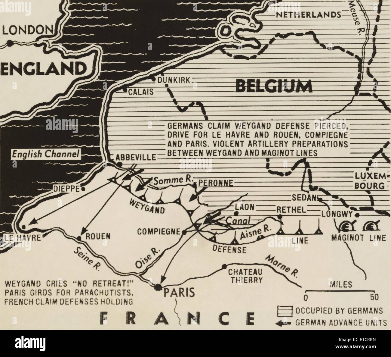 Mapa alemán de la II Guerra Mundial la invasión aliada y resistencia a principios de junio de 1940. Los británicos evacuaron a más de 330.000 soldados de Foto de stock