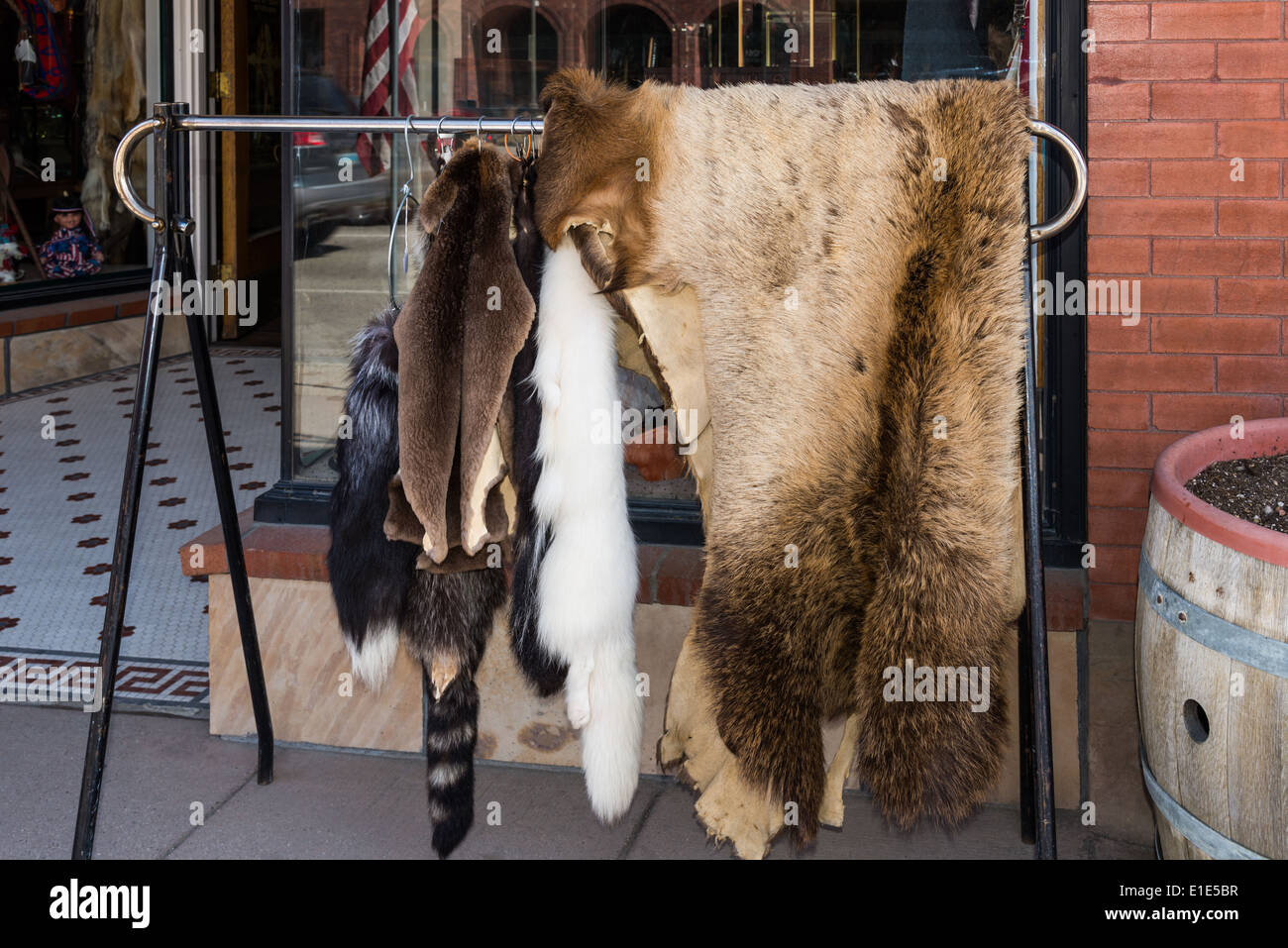 Las pieles de animales silvestres están marcados para la venta en frente de una tienda. Foto de stock