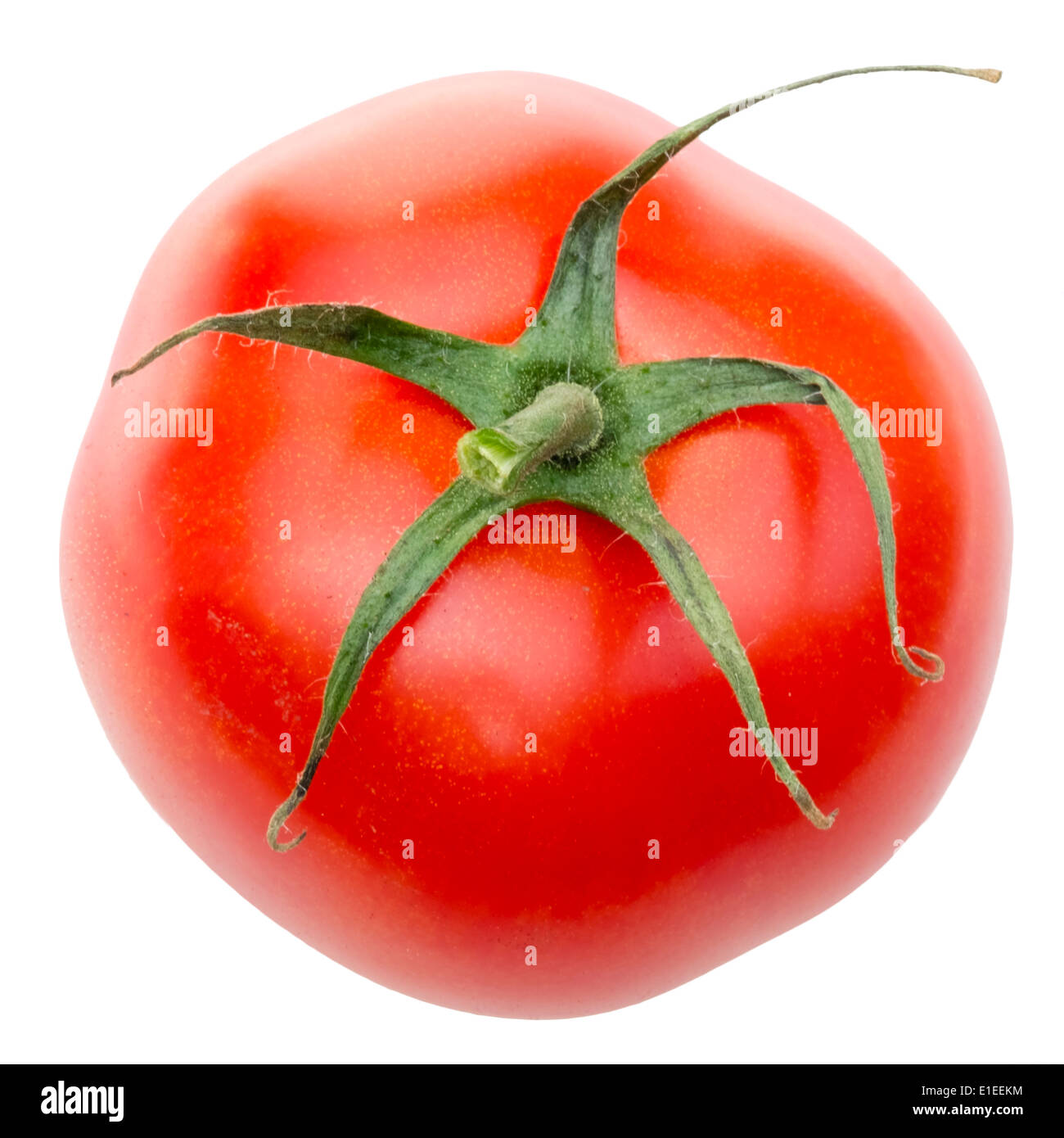 Fotografía cenital de un tomate cortado sobre un fondo blanco. Foto de stock