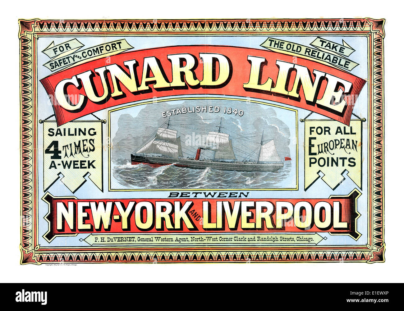 Naviera Cunard Line Vintage del siglo XIX póster Póster histórico de Cunard Line vela trans atlántico desde Liverpool a Nueva York Foto de stock