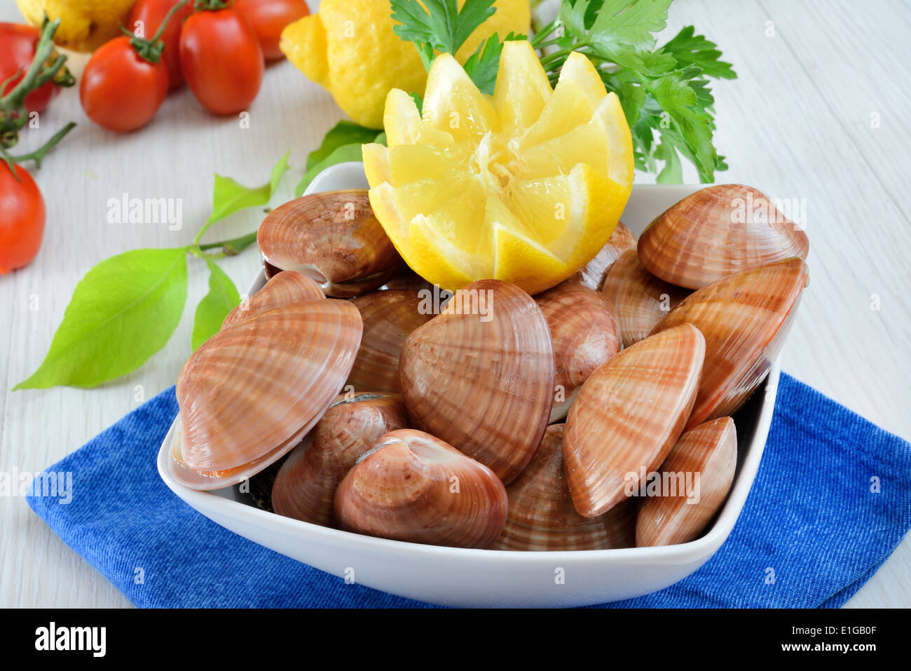 Frutos de mar crudos llamado fasolari vivir nuevamente con limón Foto de stock