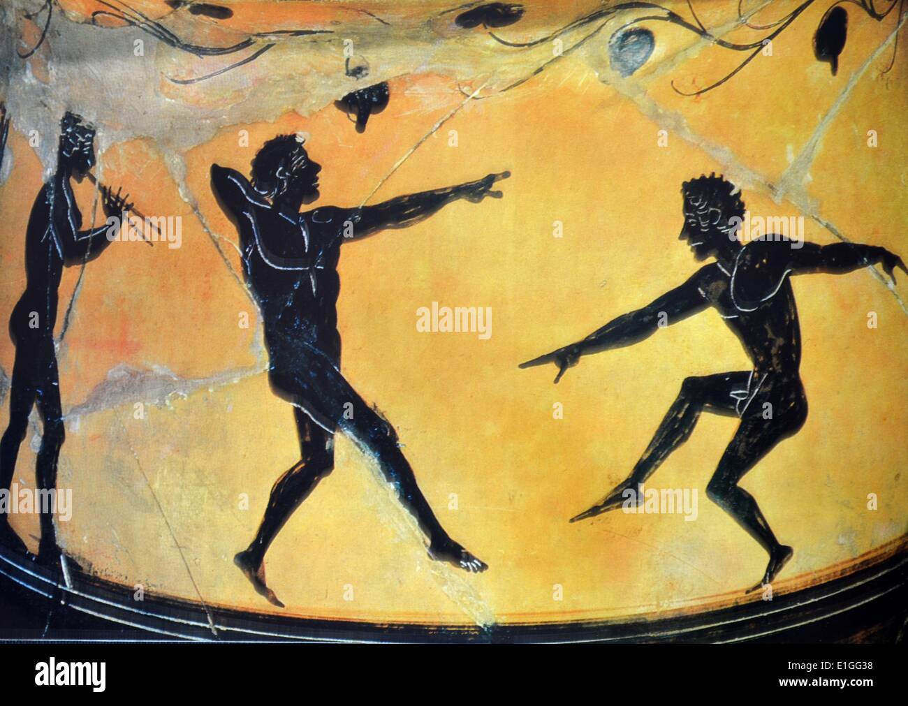 Boeotian Jar. Dos hombres jóvenes se muestran bajo una pérgola de hojas bailando al ritmo de la música de la flauta doble. Representado 300 B.C. Foto de stock
