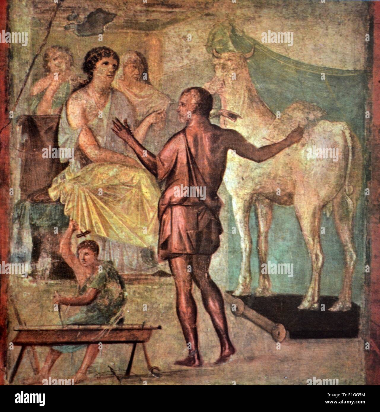Pintura representando parte del mito de minotauro, que aparece en la Meta-morphoses; Deadalus, el inventor, presenta Pasiphaë de bronce con una vaca - un dispositivo que le permita satisfacer su pasión de ONU-natural de un toro. Foto de stock