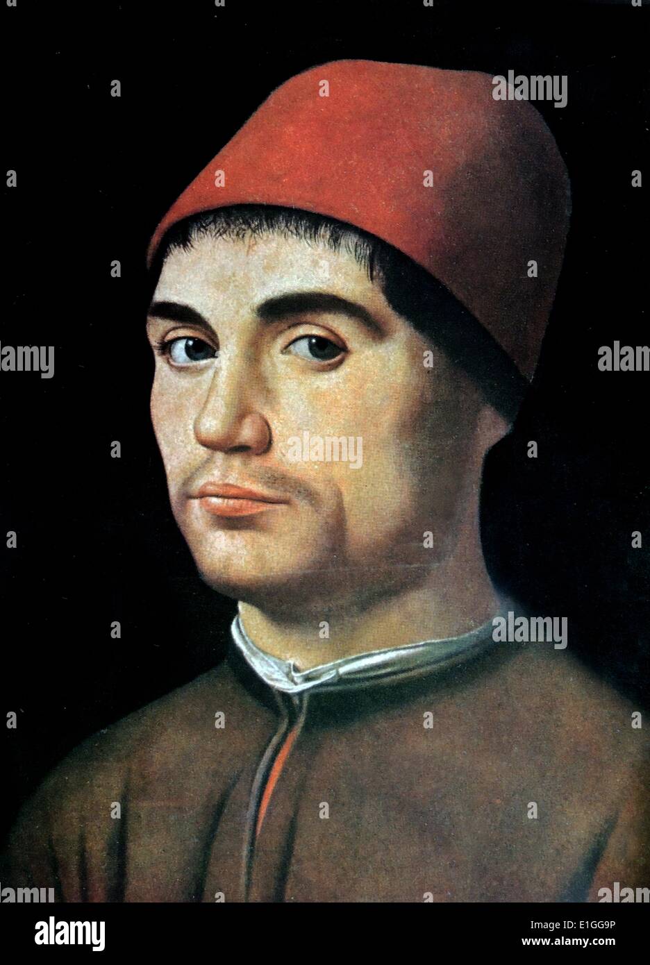 Un busto portriat de un joven hombre que llevaba una gorra roja y marrón doblete. El retrato se piensa para haber sido un autorretrato del artista. Por Antonello da Messina (1444 - 1493), un pintor italiano de Messina y miembro de la escuela veneciana. Fecha del siglo XV. Foto de stock