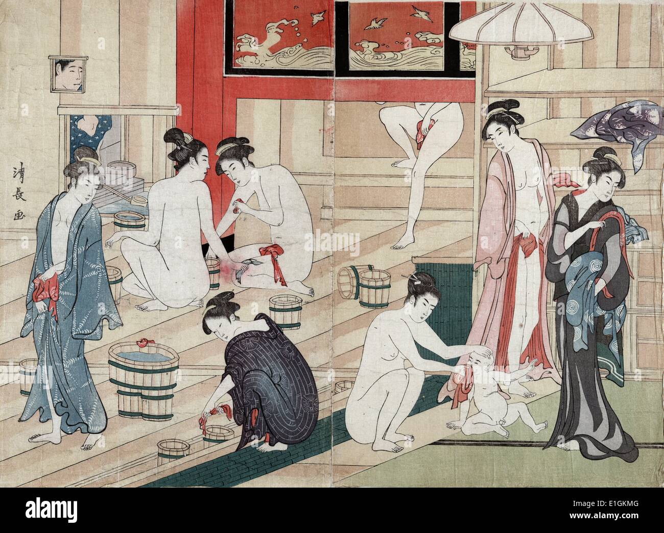 Escena en una casa de baños públicos, donde varias mujeres se baña. Por Torii Kiyonaga, artista 1752-1815 Foto de stock