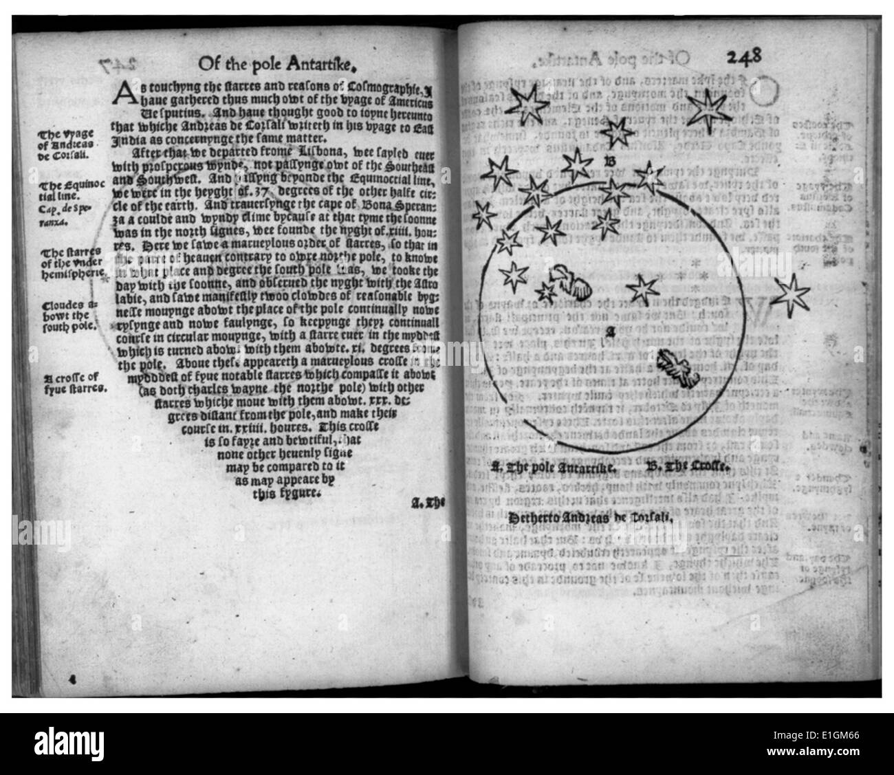 Tomado de la página de un libro de astronomía con el mapa que ilustra "el polo Antartike' y 'La Cruz-'. Fecha 1555 Foto de stock