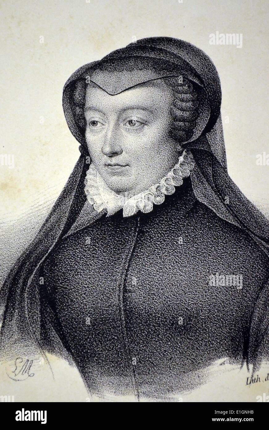 Catalina de Médicis (1519-1589), reina consorte de Enrique II de Francia, 1547-1559. Litografía, París, c1840. Foto de stock
